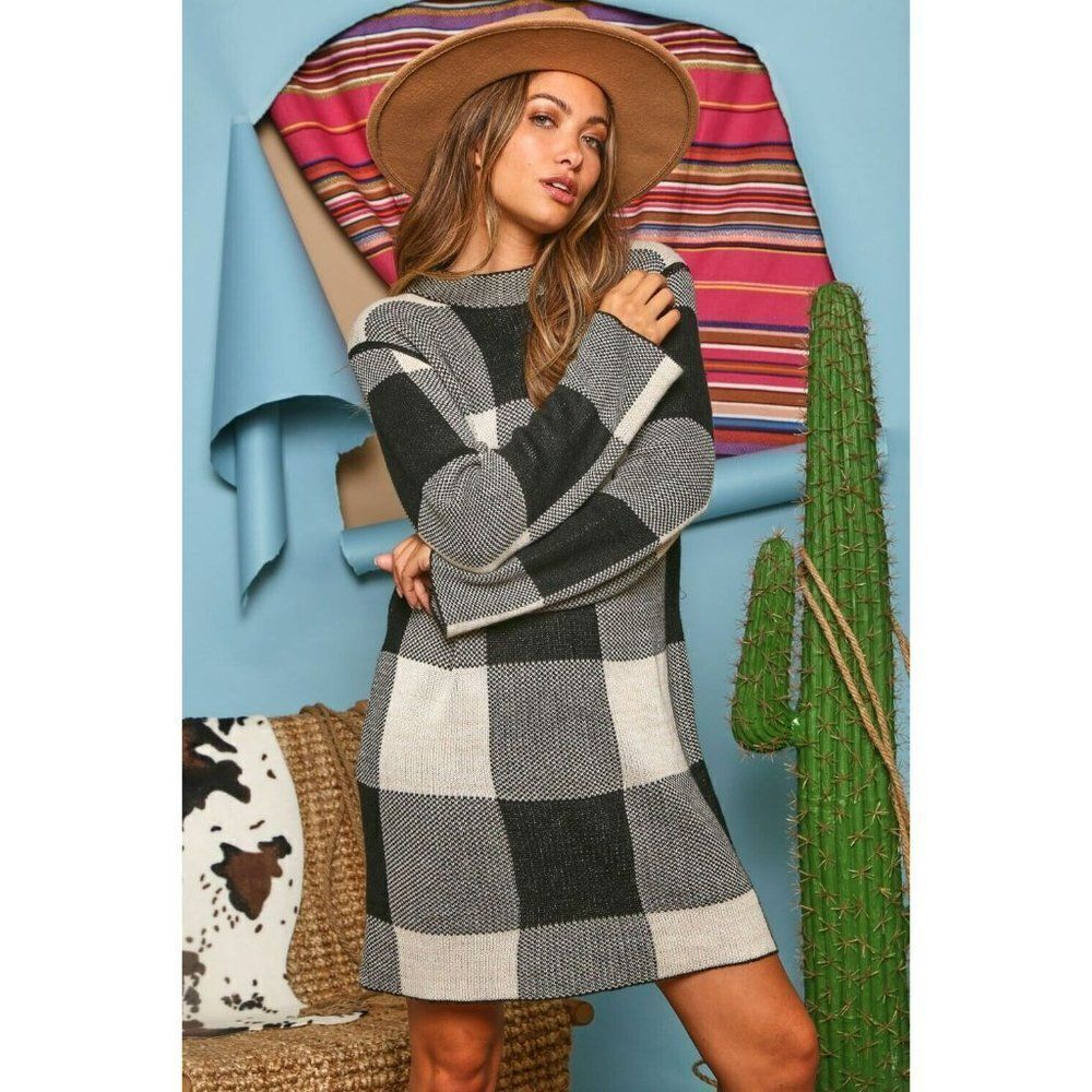 SALE Fantastic Fawn Buffalo Plaid Black Cream Checker Sweater Dress IFKD23564-01 - Picture 2 of 8